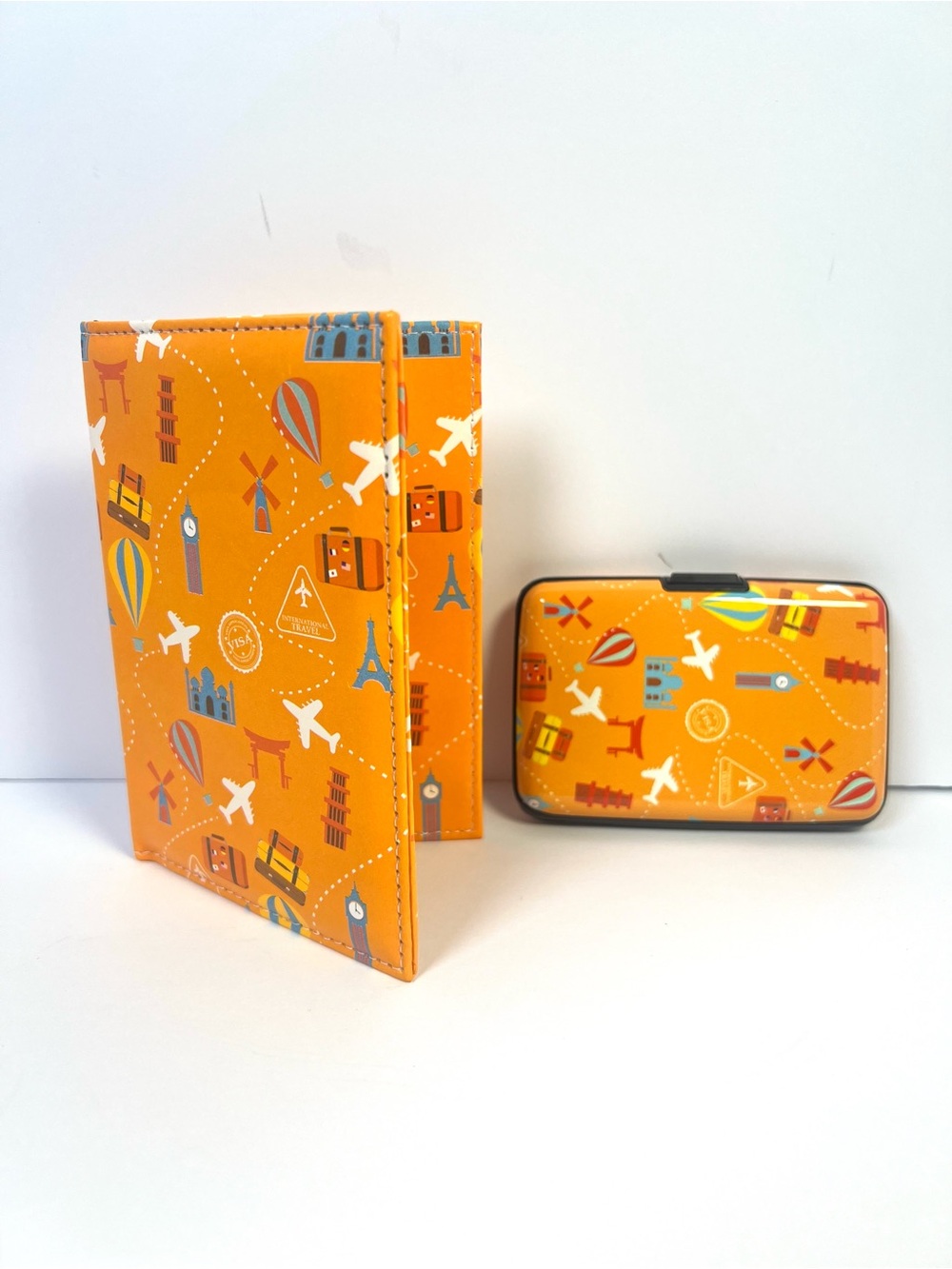 Orange Passport Holder &Metal RFID Card Holder Wallet Travel NWOT